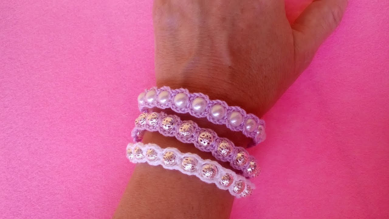 Bracciale con Perle ad Uncinetto -Crochet Bracelet Pearl - Brazalete perlas crochet Pulsera Crochet