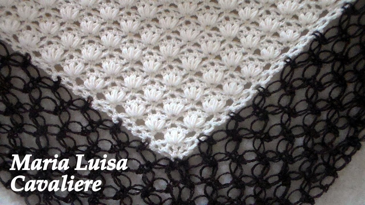 Scialle punto tris di puff su rete e punto strega tutorial Crochet shawl