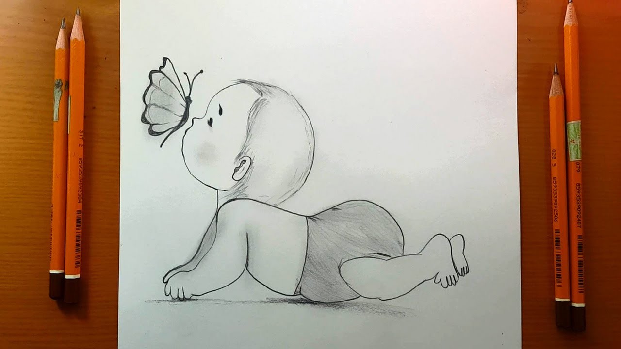 Disegni facile | Come disegnare Un bambino carino con uno scenario di disegno a farfalla