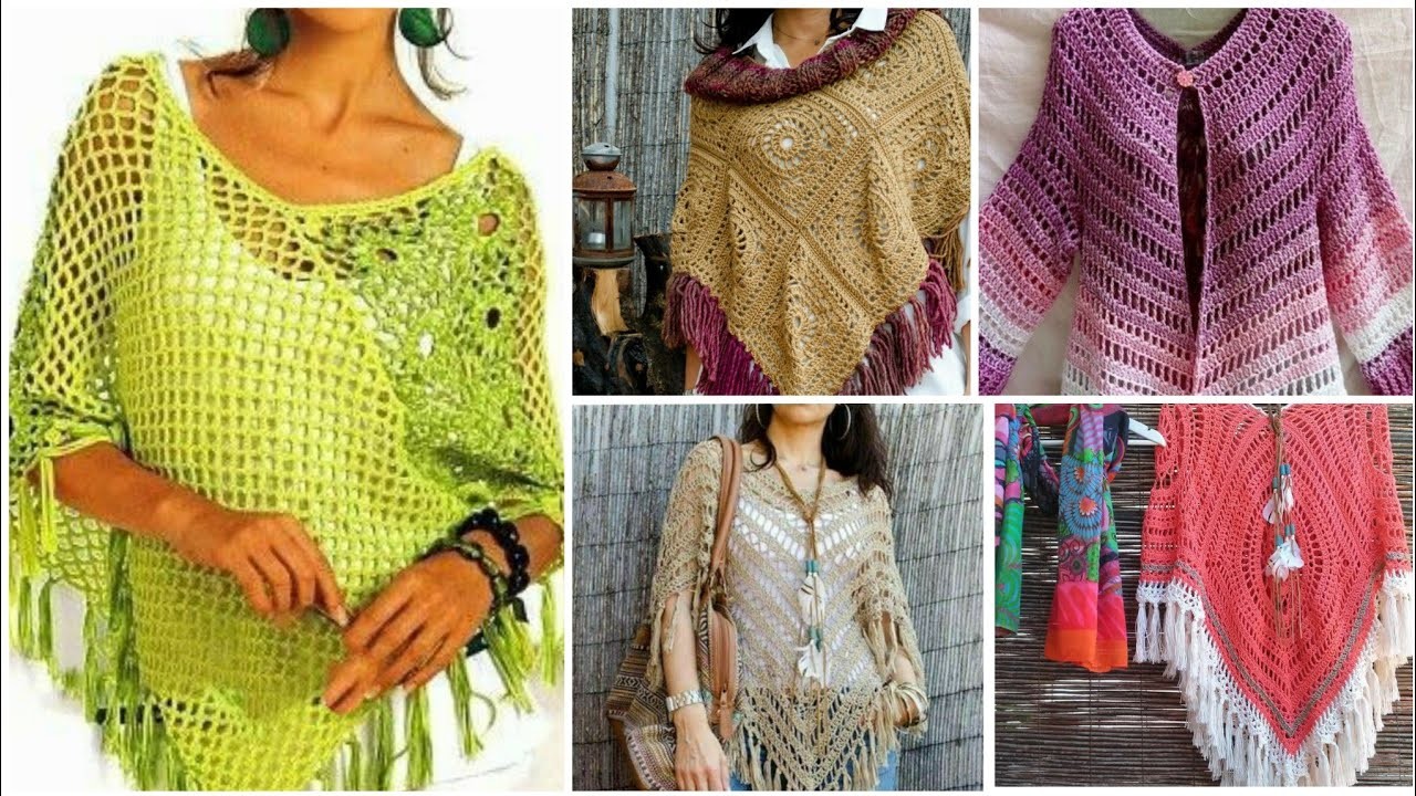 Trendy designer handmade crochet knitted granny sequare pattern poncho shawls design ideas