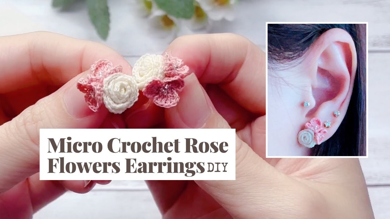 Micro Crochet Rose Flowers Earrings. How to crochet rose