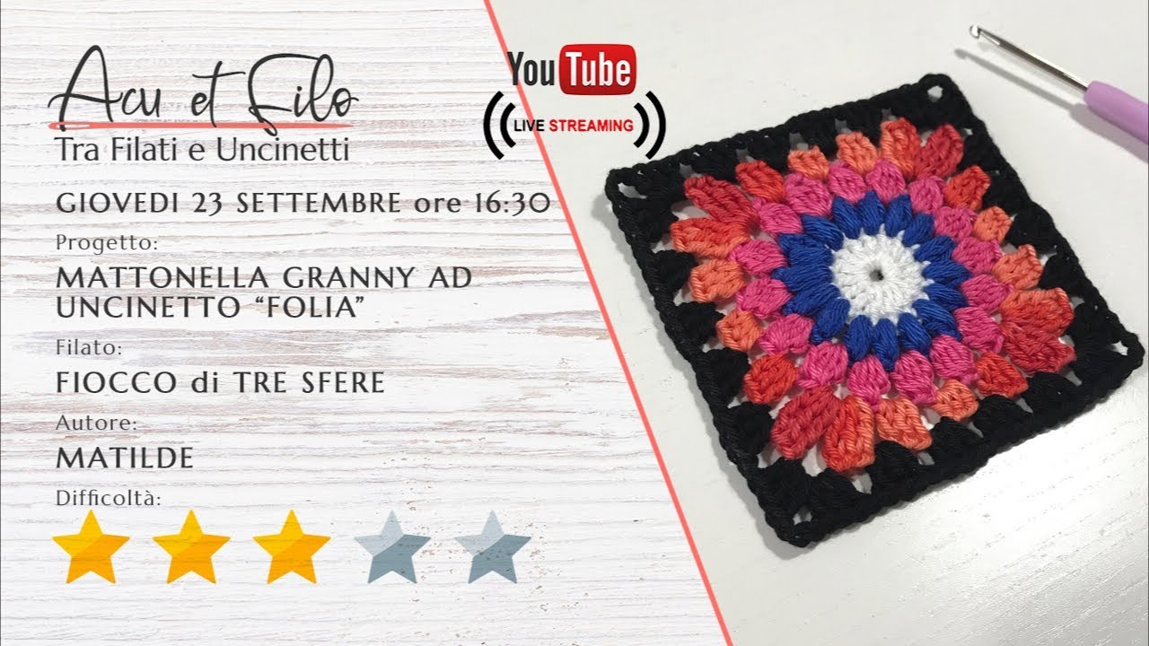 Diretta tutorial mattonella granny ad uncinetto “Folia”