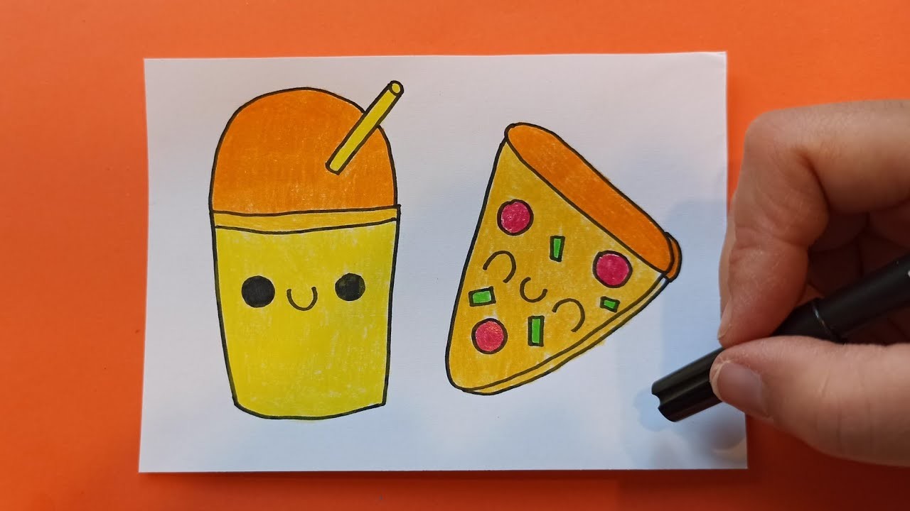 Como dibujar un juguito y una pizza kawaii!!! ????????✏️